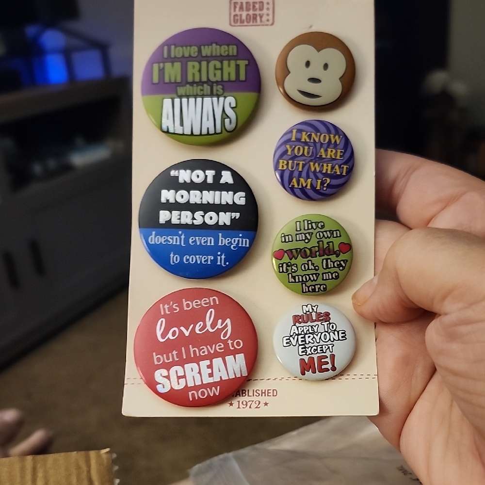 Faded Glory Button Set - Purple, Blue, Red, Brown